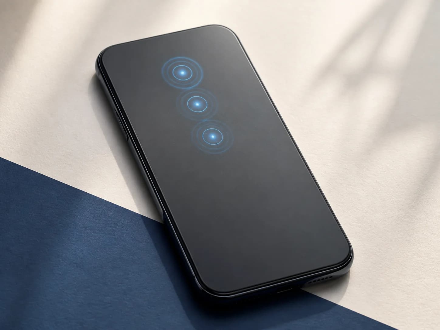 Three glowing tap rings on the back of an unbranded phone