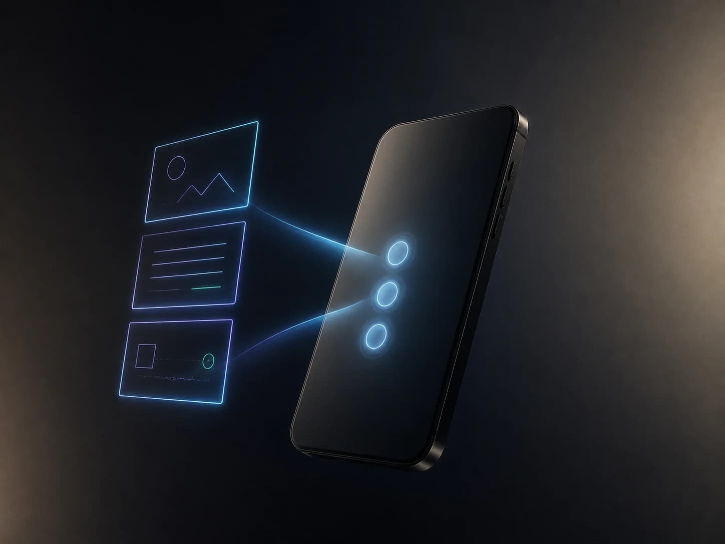 An unbranded phone with three luminous tap rings turning a screen into an AI answer